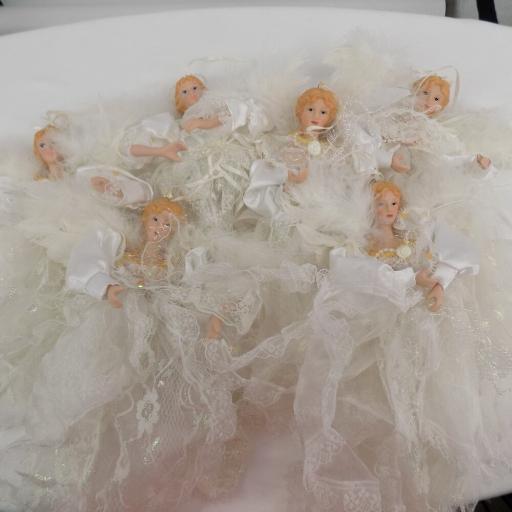6 Christmas Angel Ornaments Porcelain Head Arms Lace Dress Feather Wings FLAW